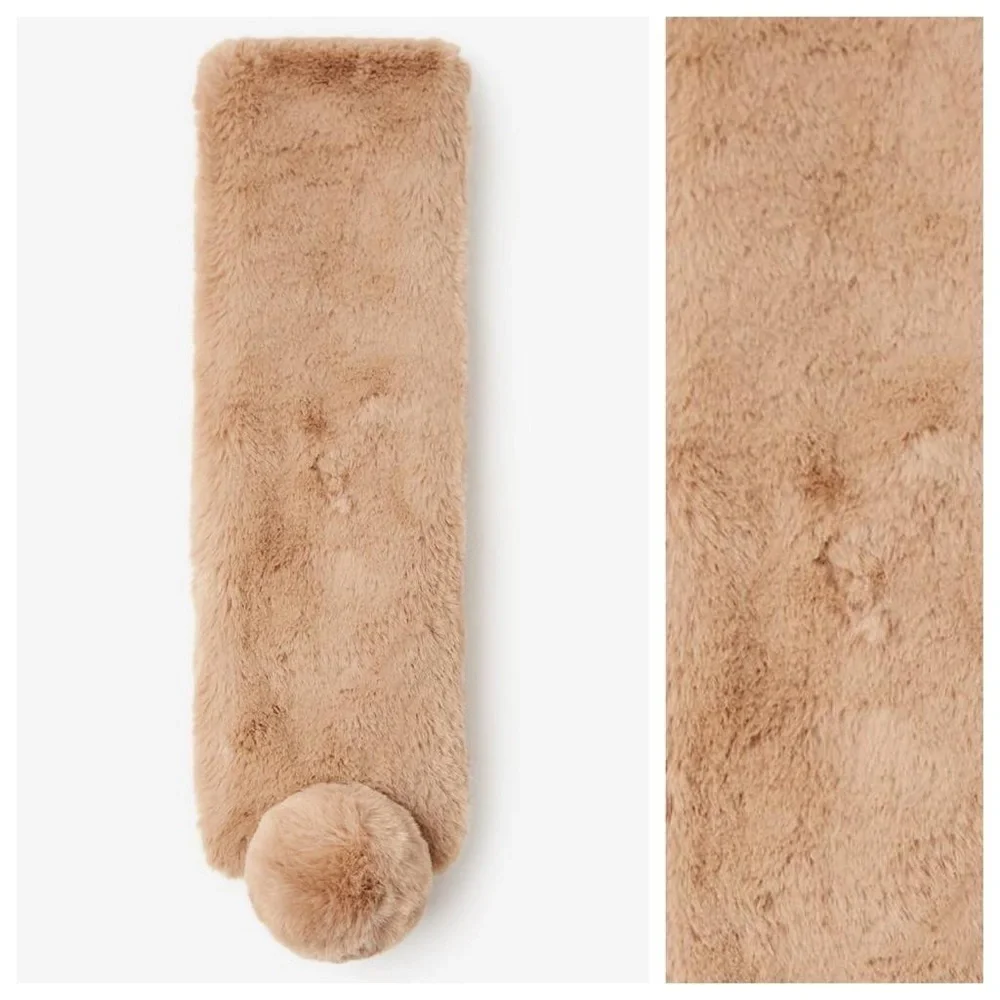 NWT. Zara Tan Faux fur scarf with pom-poms.